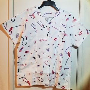 Women's Nursing Medical Scrub Top Stethoscope Lg